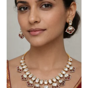 White Kundan Necklace Set with Ruby Red Stones | Bridal Jewellery