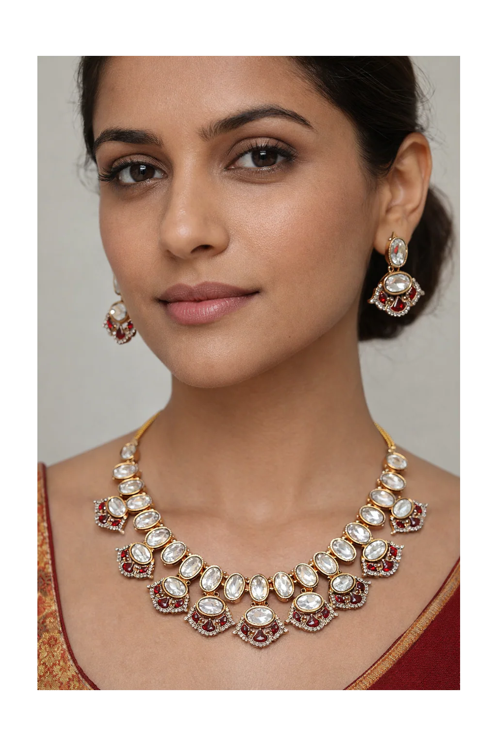 White Kundan Necklace Set with Ruby Red Stones | Bridal Jewellery