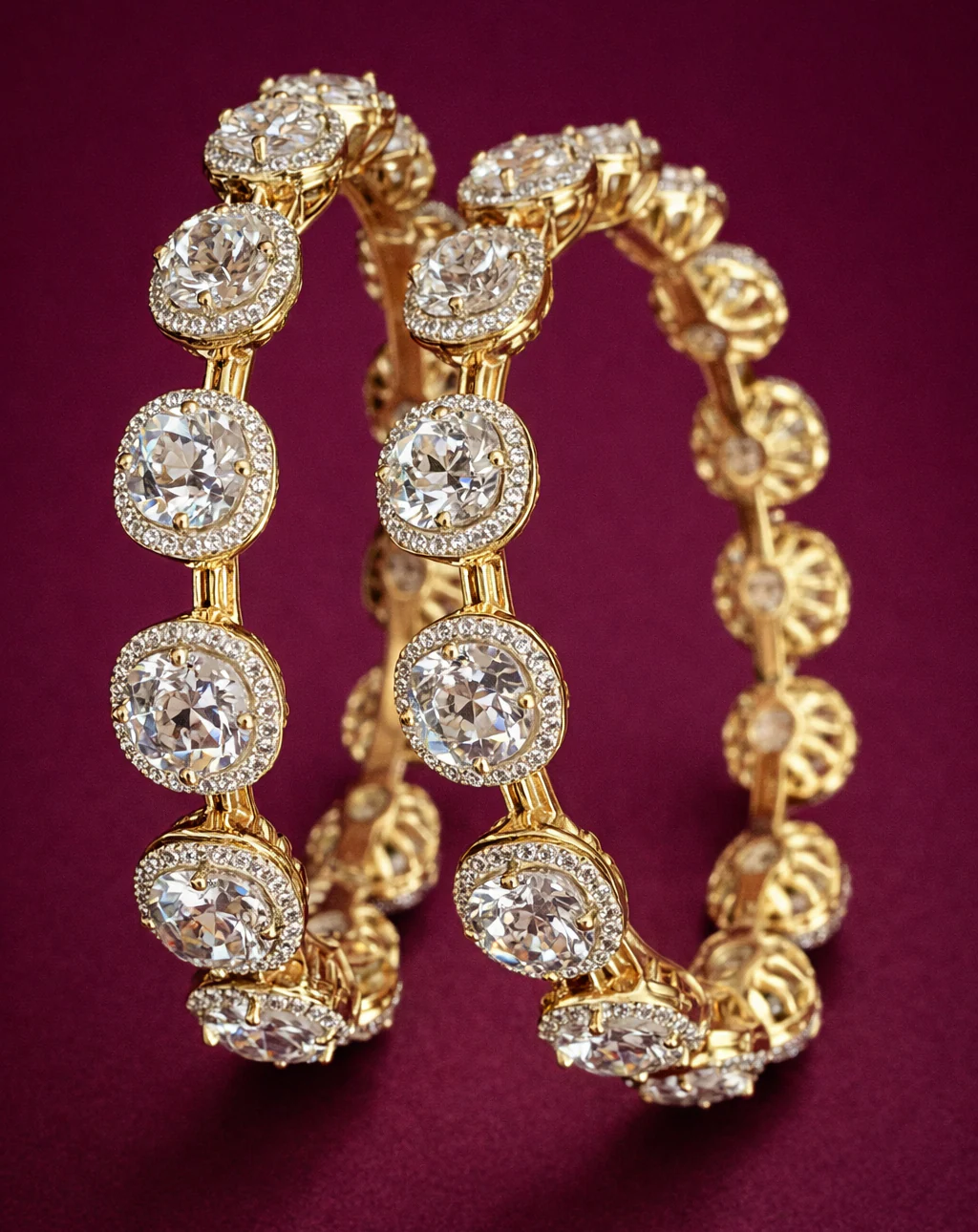 Gold Finish Diamond-Style Round Link Bangles – Pair